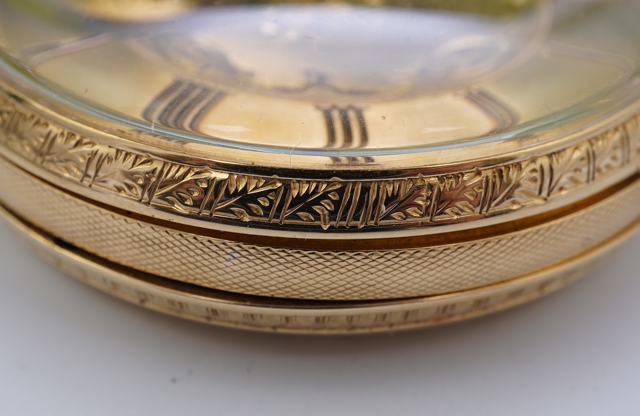 A Victorian engraved 18ct gold open faced key wind pocket watch
